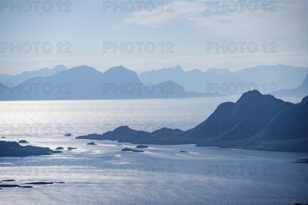 Mountain peak and fjord Austensfjorden, fjord landscape and sea, view from the summit of Rundfjellet, Nordland, Norway, Europe