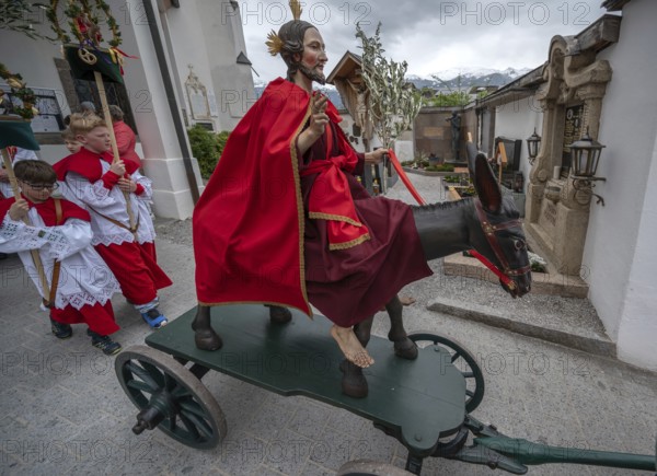Start of the Palmesel procession, tradition since the 18th century, Parish Church of the Assumption of the Virgin Mary, Thaur, Innsbruck district, Tyrol, Austria, Europe