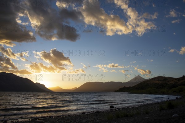 Sunset at Lago Huechulafquen with the Lanin volcano in Lanin National Park, Patagonia, Argentina, South America
