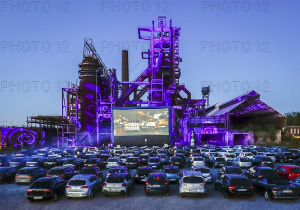 Dortmund, Ruhr area, North Rhine-Westphalia, Germany - Drive-in cinema Dortmund, newly opened drive-in cinema in front of the former blast furnace plant Phönix-West in times of the Corona pandemic with contact ban