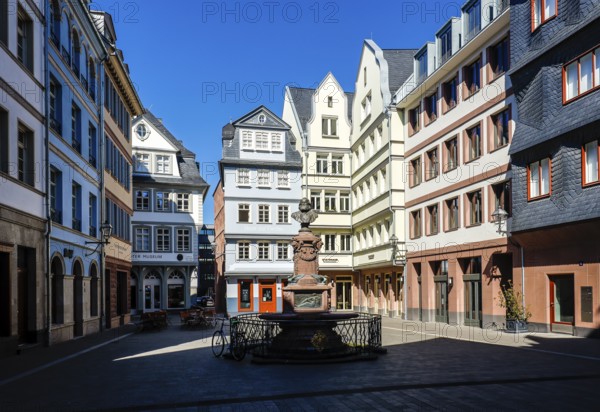 New Old Town, Hühnermarkt with Friedrich Stoltze Fountain, Frankfurt am Main, Hesse, Germany, Europe