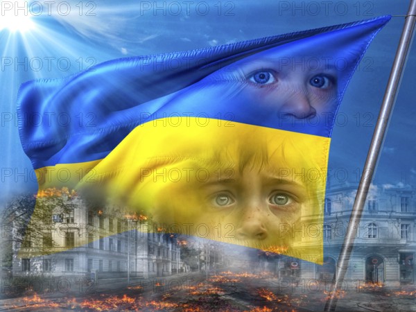 Symbolic image, Ukraine flag in front of a bright sky, sad children's eyes, bombed city, Donald Trump wanted dictator, Republicans, Russia war against Ukraine, global danger, lies, 2nd term, global burden, questionable US deal with Russia, scandal in the White House against President Volodymyr Selenskyj in front of running cameras