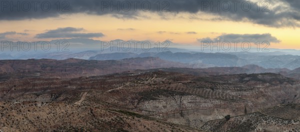 Sunrise, wide hilly desert landscape with dry vegetation, Gorafe desert, semi-desert, Granada, Andalusia, Spain, Europe