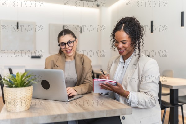 Two smiling businesswomen collaborating on a project, using a laptop and taking notes in a modern office environment