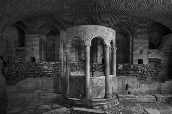Interior view of the crypt, remains of the Roman baths, Church of Hagios Demetrios, also known as Agios Dimtrios or Demetrios Basilica, Thessaloniki, Macedonia, black and white, Greece, Europe