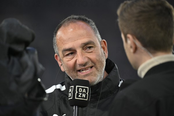 Coach Coach Frank Schmidt 1. FC Heidenheim 1846 FCH Portrait in interview Microphone Micro Logo DAZN smiles MHPArena, MHP Arena Stuttgart, Baden-Württemberg, Germany, Europe