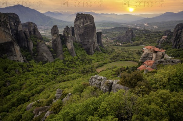 Sunset over the Monastery of Rousanou and the Monastery of St Nicholas Anapavsa, Anapavsas, Metéora Monasteries, Kalambaka, Trikala, Thessaly, Greece, Europe