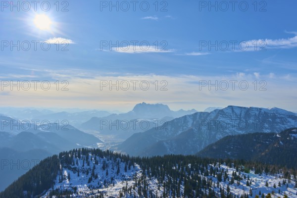 Snow-covered mountains under a clear blue sky with bright sunshine, Steinplatte, Waidring, Tyrol, Austria, Europe