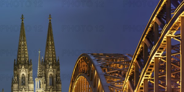 LED lights, evening mood at Cologne Cathedral, Hohenzollern Bridge, Cologne, North Rhine-Westphalia, Germany, Europe