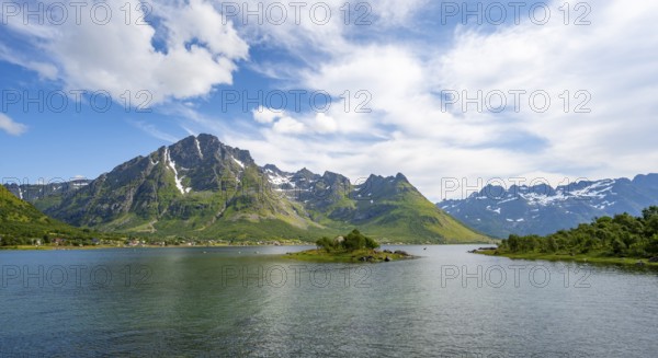Austnesfjorden fjord, idyllic mountains and fjord landscape, Nordland, Norway, Europe