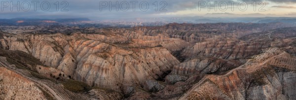 Sunrise, wide hilly desert landscape with dry vegetation, Gorafe desert, semi-desert, Granada, Andalusia, Spain, Europe