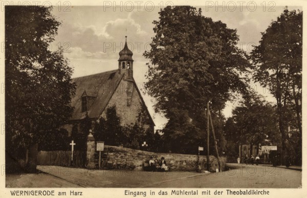 Historical postcard, picture postcard, entrance to the mill valley with the Theobaldi church in Wernigerode, Saxony-Anhalt, Germany, digitally enhanced reproduction of an original from around 1900, picture postcard, Europe