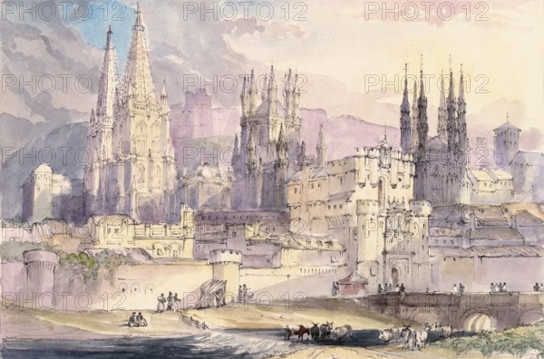 View of the city of Burgos, Castile and Leon, Spain, digital reproduction of a painting by Charles Hamilton Smith (1776-1859), historical, Europe
