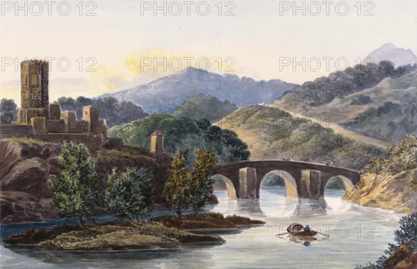 Bridge over the Ebro, in the north-east of Spain, digital reproduction of a painting by Charles Hamilton Smith (1776-1859), historical