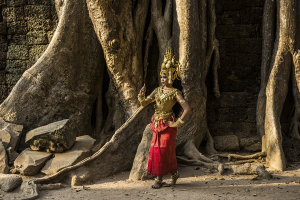 Young woman dressed as a temple dancer, Apsara, Ta Prohm, Angkor Wat, Angkor, UNESCO World Heritage Site, Siem Reap, Cambodia, Indochina, Southeast Asia, Asia