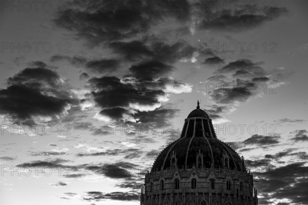 Baptistery Baptistery at sunset, black and white photograph, Pisa Tuscany, Italy, Europe