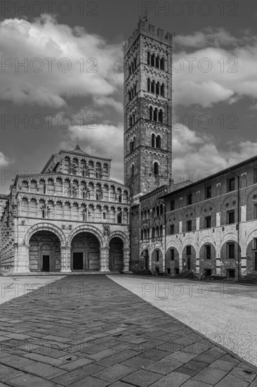 The Cathedral of San Martino, historic city centre, black and white photo, Lucca, Tuscany, Italy, Europe