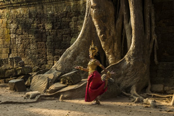 Young woman dressed as a temple dancer, Apsara, Ta Prohm, Angkor Wat, Angkor, UNESCO World Heritage Site, Siem Reap, Cambodia, Indochina, Southeast Asia, Asia