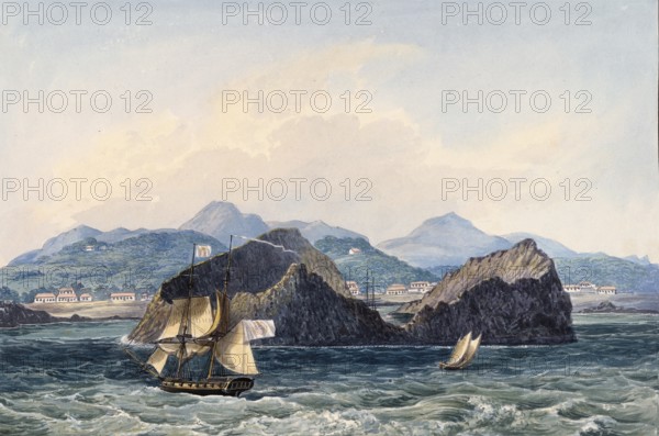 Harbour of Sao Miguel Island, Saint Michael, Azores, Portugal, digital reproduction of a painting by Charles Hamilton Smith (1776-1859), historical, Europe