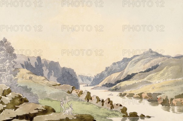 Landscape on the Tagus near Vila Velha de Rodao, Portugal, digital reproduction of a painting by Charles Hamilton Smith (1776-1859), historical, Europe
