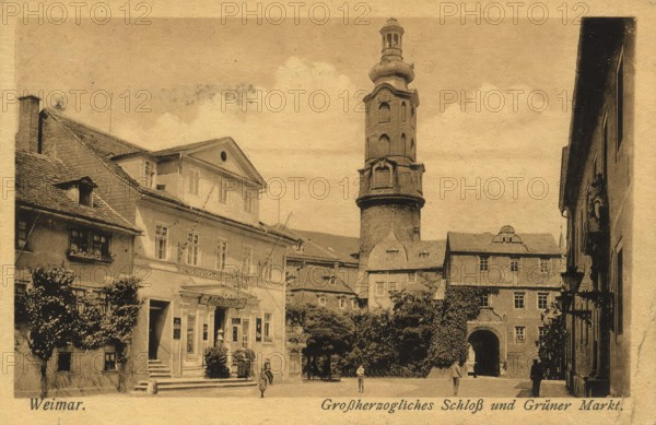 Historical postcard, picture postcard, Grand Ducal Palace and green market, Weimar, Thuringia, Germany, digitally enhanced reproduction of an original from around 1900, picture postcard, Europe