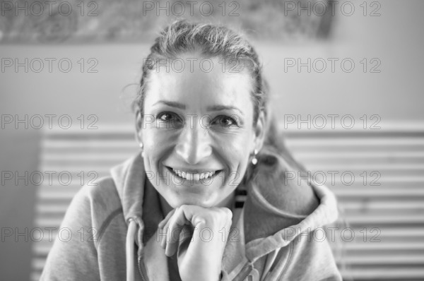 Woman, blonde, portrait, black and white, smiling, Stuttgart, Baden-Württemberg, Germany, Europe