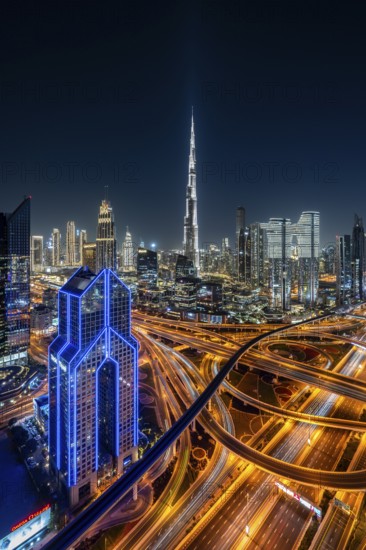 Dubai skyline at night, Burj Khalifa tallest building in the world, United Arab Emirates, Asia