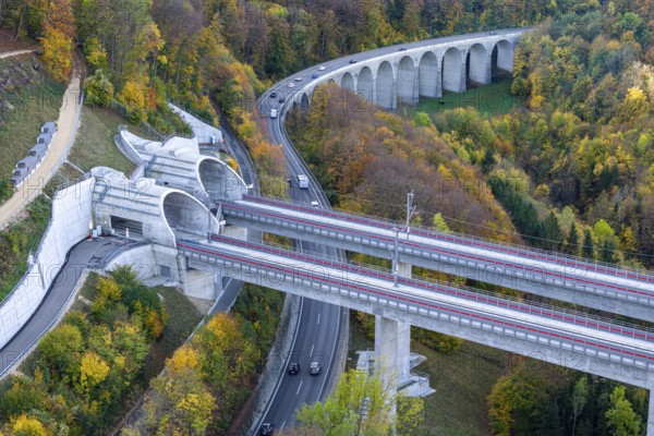 Filstal bridge on the Stuttgart to Ulm high-speed railway line. The bridge is the third highest railway bridge in Germany, portal Steinbühl tunnel, below the A8 motorway with Todtsburg bridge, drone photo, Mühlhausen im Täle, Baden-Württemberg, Germany, Europe