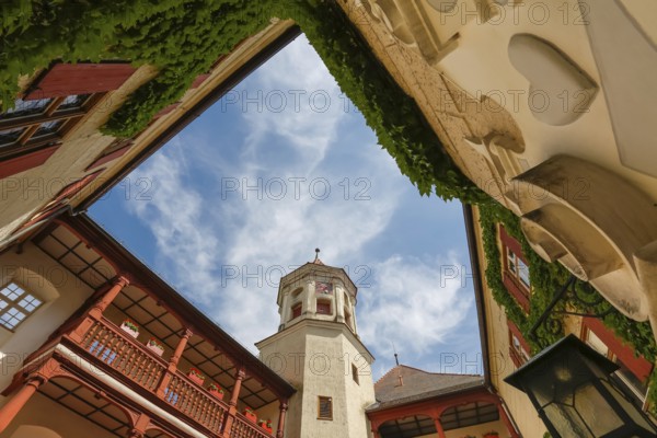 Brenz Castle, Renaissance castle from the 17th century, tower, clock, inner courtyard, wooden courtyard arcades, landmark of the municipality of Sontheim an der Brenz, the oldest local history museum in Baden-Württemberg, local history, rural life, geological, palaeontological, local history collection, architecture, historic building, district of Brenz an der Brenz, Sontheim an der Brenz, district of Heidenheim, Baden-Württemberg, Germany, Europe