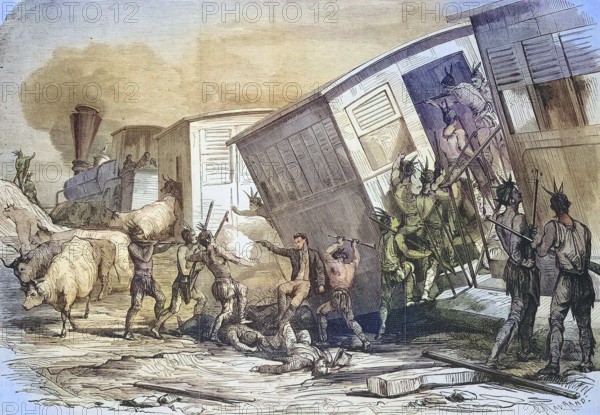 Sioux Indians attacking a train on the Pacific Railroad line in the western United States, 1869, Historic, digitally restored reproduction of a 19th century original, exact original date unknown