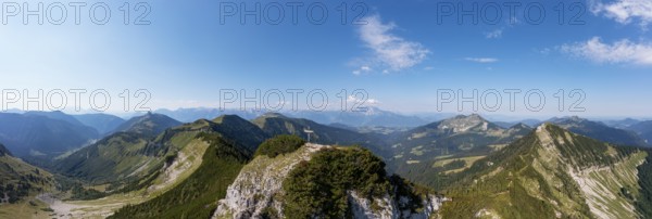 Drone shot, panorama shot, mountain landscape, Gruberhorn with Regenspitz, Osterhorngruppe, Salzkammergut, Land Salzburg, Austria, Europe
