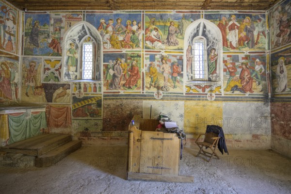 Gothic frescoes in the castle chapel of St Stephen, Morter, Latsch, South Tyrol, Italy, Europe