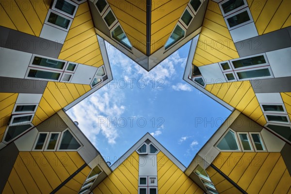 ROTTERDAM, NETHERLANDS, MAY 11, 2017: Cube houses, innovative cube-shaped houses designed by architect Piet Blom with main idea to optimize space in Rotterdam, Netherlands, now tourist attraction