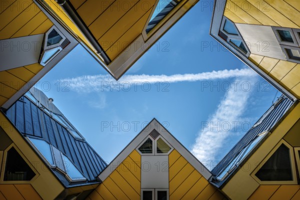 ROTTERDAM, NETHERLANDS, MAY 11, 2017: Cube houses innovative cube-shaped houses by architect Piet Blom with main idea to optimize space in Rotterdam, Netherlands, now became a tourist attraction
