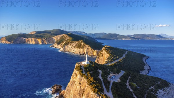 Aerial view of the Lighthouse or Cabo Ducato Lefkas in the southern area of the island of Lefkada. Greece