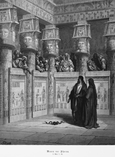 Bible, Moses in front of Pharaoh, First Book of Moses, 7, 10, Old Testament, Genesis, Egypt, Aaron, staff, transform, magic, interior, palace, snake, hieroglyphics, ornamentation, Koran, ruler, historical illustration 1885, Africa