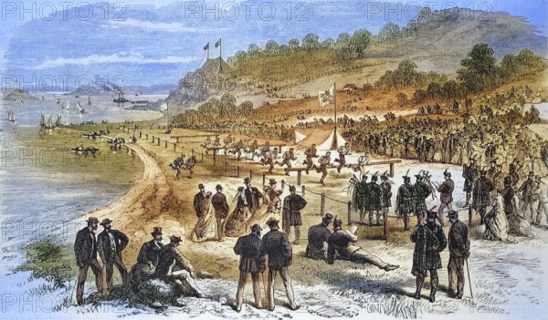Games of the Caledonian club in San Francisco, Emigrants from Scotland, 1869, America, Historic, digitally restored reproduction of a 19th century original