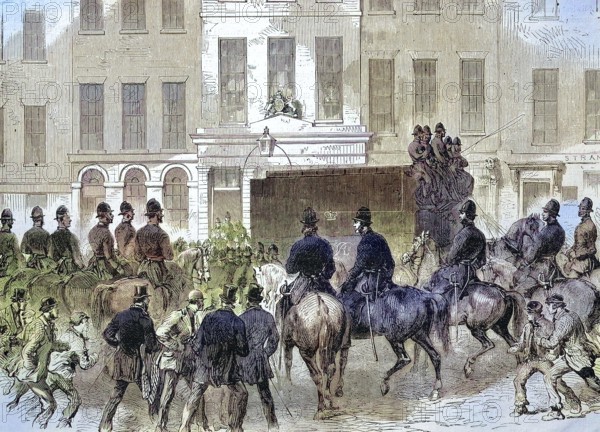 The Clerkenwell bombing, Clerkenwell bombing, was committed on 13 December 1867 in the London Borough of Clerkenwell of the North London Borough of Islington and was directed against Clerkenwell Prison, the defendants being led in front of the jury, London Borough of Islington, 1867, England, Historical, digitally restored reproduction of a 19th century original