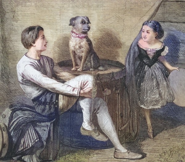 One asks Toby, boy and girl playing quiz with their little dog, 1869, France, Historic, digitally restored reproduction of an original 19th century print, exact original date unknown, Europe