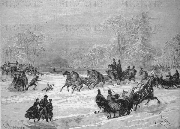 Sleigh Rides in Bois de Boulogne, Horse-drawn Sleighs and Skaters on the Frozen River, 1869, France, Historic, digitally restored reproduction of a 19th century original, exact original date unknown, Europe