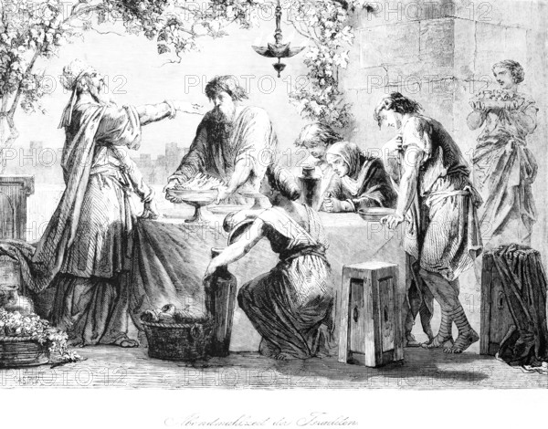 Israelites' supper, supper, group, sit, priest, table, stool, dine, outside, oil lamp, baskets, speak, Bible, Old Testament, Book of Deuteronomy, chapter, verse