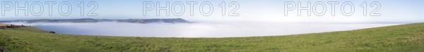 High fog over valley of River Adur, Shoreham by Sea, panoramic view, Photomerge, South Downs, West Sussex, England, United Kingdom, Europe