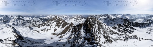 Alpine panorama, Sulzkogel, aerial view, peaks and mountains in winter, Sellraintal, Kühtai, Tyrol, Austria, Europe