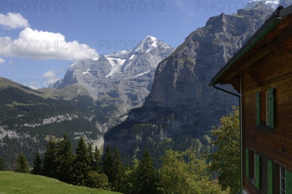 Eiger and Mönch, view of the mountains from Mürren, Jungfrau region, Bernese Oberland, Canton Bern, Switzerland, Europe