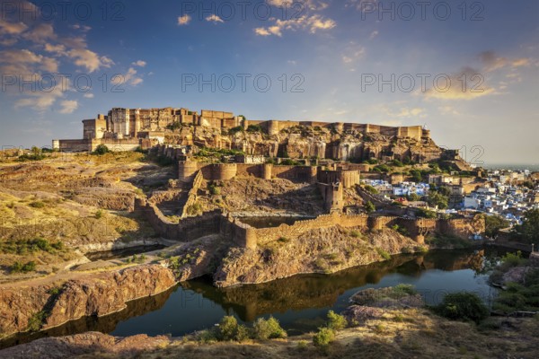 Mehrangarh Fort and Padamsar Talab and Ranisar Talab lakes on sunset, Jodhpur, Rajasthan, India, Asia