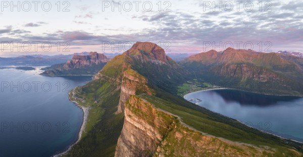 View from Finnesfjellet mountain to mountains and coast, evening mood, Finnes, Helgeland coast, Bodø, Nordland, Norway, Europe
