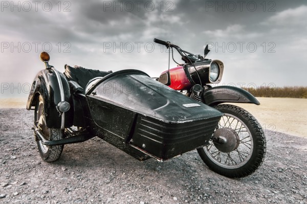 Motorbike with sidecar, classic car, VEB Motorradwerk Zschopau, MZ, Köterberghaus car park, Köterberg, Lügde, Weserbergland, North Rhine-Westphalia, Germany, Europe