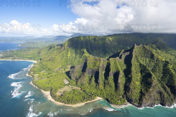 Aerial view Ke'e Beach, Haena Beach, Tunnels Beach, Kepuhi Beach, Kauai, Hawaii, USA, North America