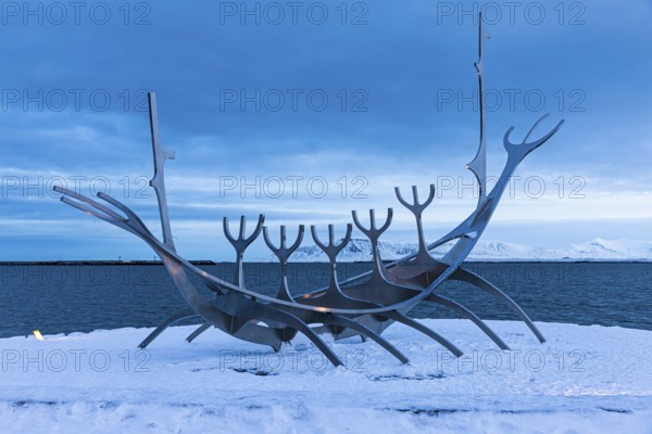 Viking Ship Sculpture at Dawn, Sun Voyager, Reykjavik, Reykjanes Peninsula, Sudurnes, Iceland, Europe
