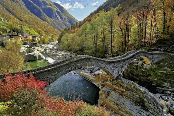 Old Roman bridge Ponte dei Salti over Verzasca, Lavertezzo, Verzasca Valley, Valle Verzasca, Canton Ticino, Switzerland, Europe